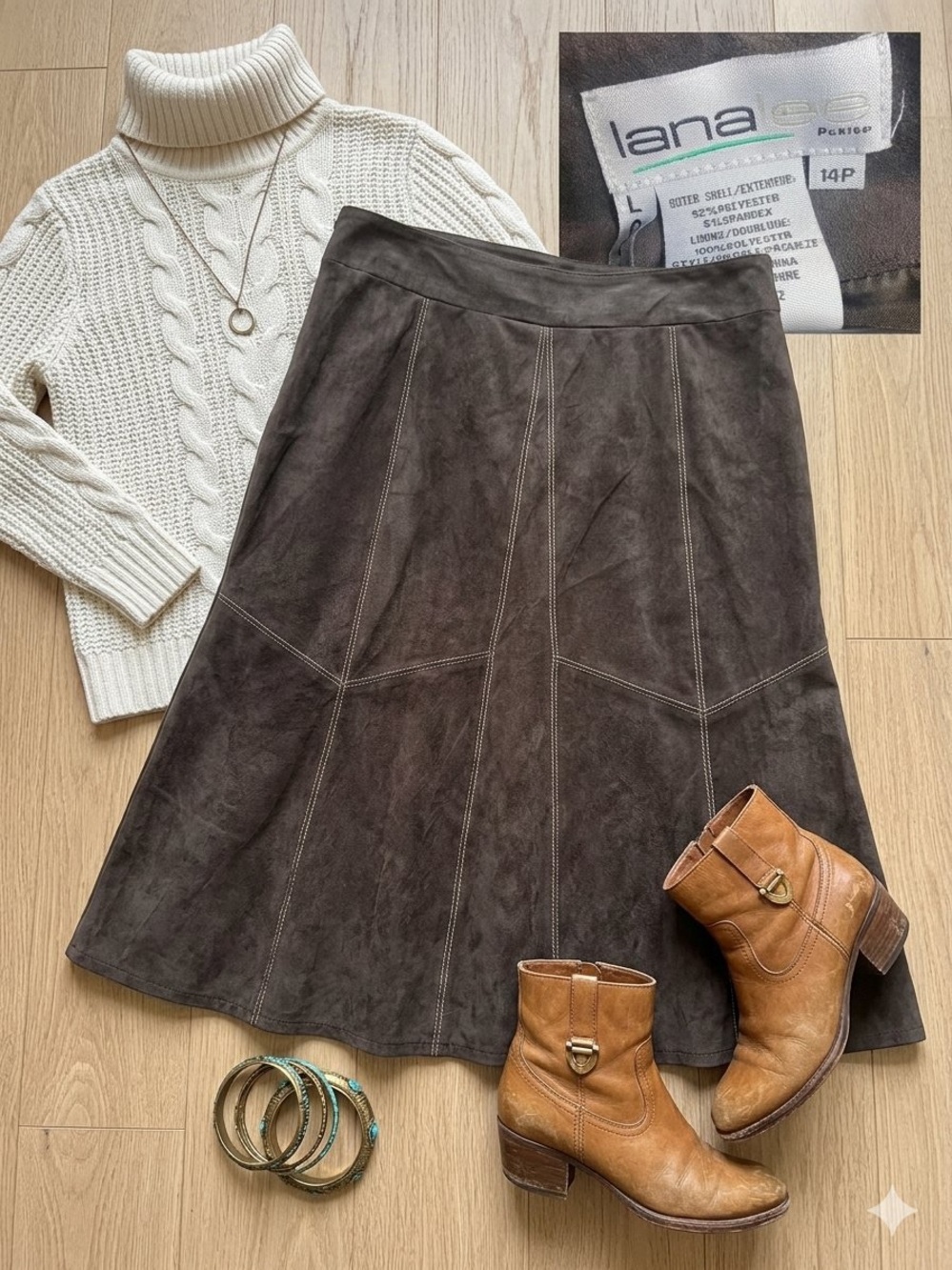 Lana Lee Petite Soft Brown Faux Suede Paneled Midi Skirt Contrast Stitching - 14